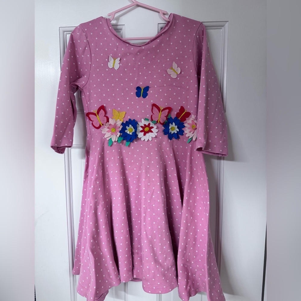 Mini Boden Pink Polka Dot Kids Dress with Butterfly Appliqué; Size 6-7